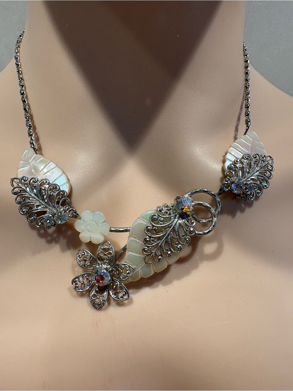 Vintage Silver Filigree Mother of Pearl Leaf Statement Necklace |  AB Crystal